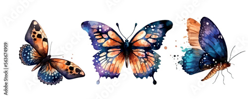 Collection watercolor of flying butterflies watercolor set