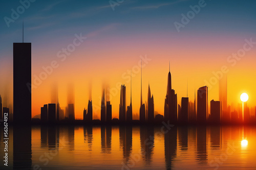 Generative AI panoramic view painting, silhouette of modern skyscrapers buildings during surise