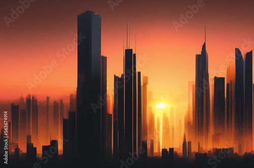 Generative AI panoramic view painting  silhouette of modern skyscrapers buildings at sunset