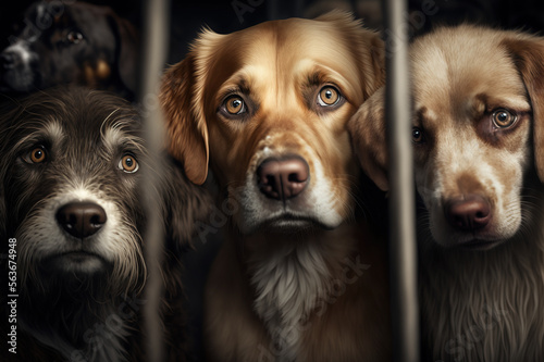 Fotografiet Dogs in a shelter behind bars. Generative AI