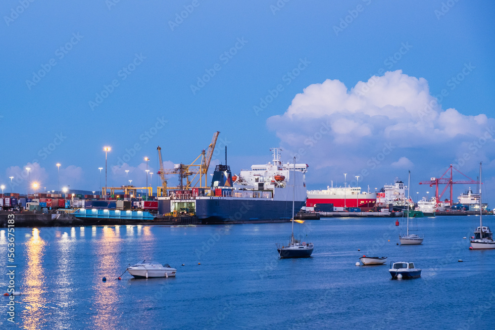 cargo ship loading in port of Dublin, Ireland