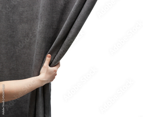The woman's hand open gray curtain on a transparent background