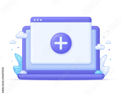 3D Page plus Add on Computer. New document illustration. Can be used for many purposes.