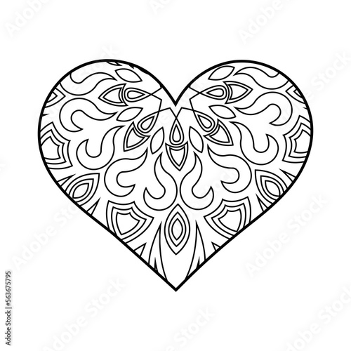 Vector heart linear illustration with geometric pattern. Outline mandala ornaments on white. Valentine's Day coloring page