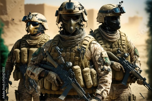 Desert Special Forces Military Unit in Full Tactical Gear in the desert, generative ai