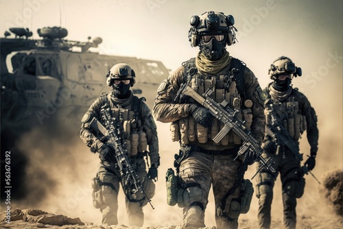 Desert Special Forces Military Unit in Full Tactical Gear in the desert, generative ai