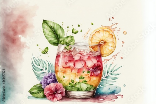 Fototapeta Naklejka Na Ścianę i Meble -  Cold fruit drink with ice decorated with flowers and foliage.Colorful illustration in a watercolor style on a light background.AI generated.
