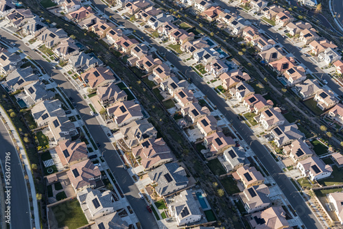 Aerial view of modern solar roof homes near Los Angeles in suburban Santa Clarita California. photo