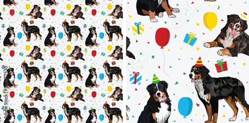 Happy Birthday Pattern with Bernese Mountain dog in a party hat, seamless texture. Repeatable textile, wrapping paper, white background graphic design. Holiday wallpaper with sitting Berner Sennenhund