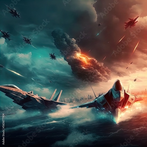 Fotobehang Aerial dogfight between fighter planes