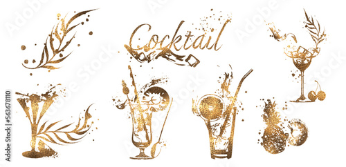 Set of cocktail glasses - Cocktail bar menu. Vector elements for restaurant and cafe. Design template with different colorful cocktails.
