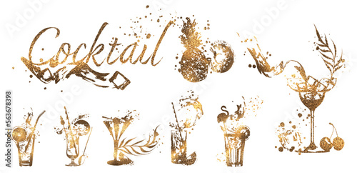 Set of cocktail glasses - Cocktail bar menu. Vector elements for restaurant and cafe. Design template with different colorful cocktails.