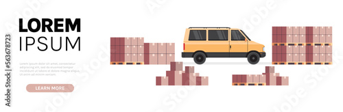 Warehouse cargo minivan loading parcel packages and international delivery industrial concept flat vector illustration.