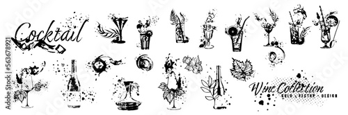 Vector hand drawn template illustration of wine, bottle, glass and cocktail. Art for menu, shop, market or sale. With wine splashes - colorful. Sketchy collection of grape leaves and bottles.
