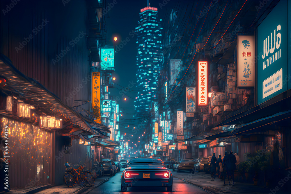 Retro futuristic Tokyo by night, hand drawn illustration Generative AI