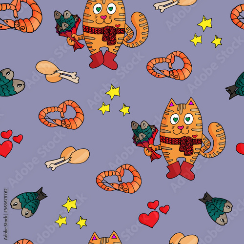 vector illustration seampless pattern red cat in love  photo