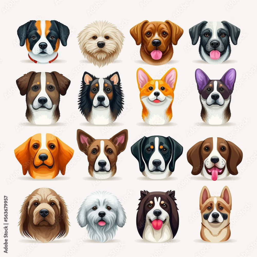 dogs emoji sticker pack set, different colours, colourfull, white backgroung