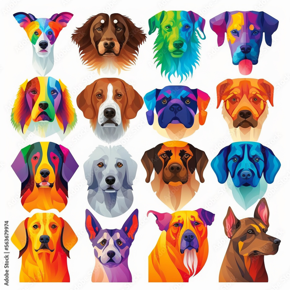 dogs emoji sticker pack set, different colours, colourfull, white