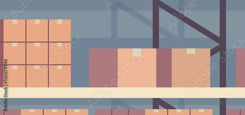 Warehouse interior box on rack and logistic delivery service horizontal banner concept flat vector illustration.
