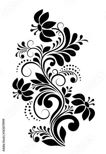 Decorative composition of flowers, leaves and swirls of black color on a white isolated background. Black and white floral background for design.
