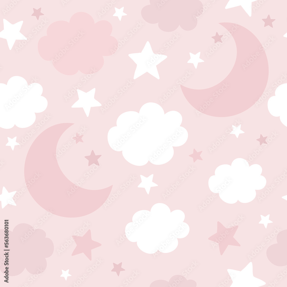 Seamless pattern with moon, clouds and stars. It can be used for wallpapers, wrapping, cards, patterns for clothes and other.