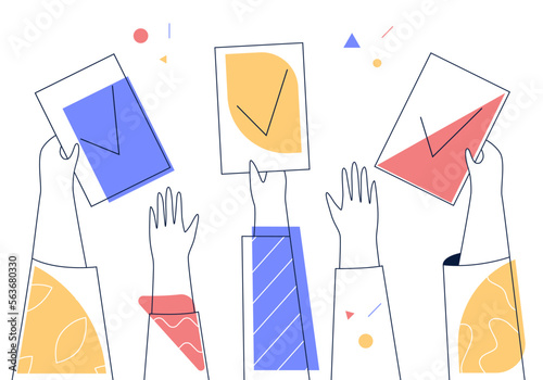 People hands hold up the ballots with check mark. Concept of vote, election, democracy, choice.