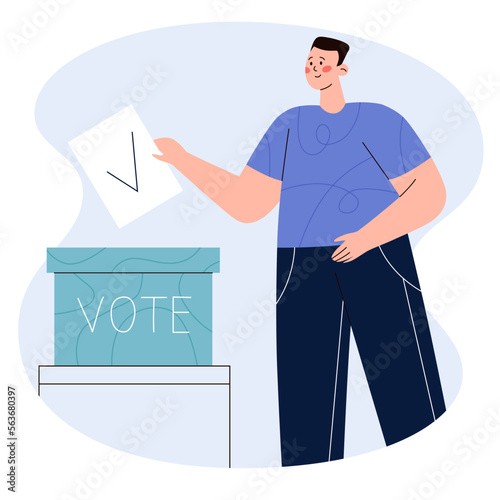 Man putting vote paper into ballot box. Concept of election, voting, democratic and politic.