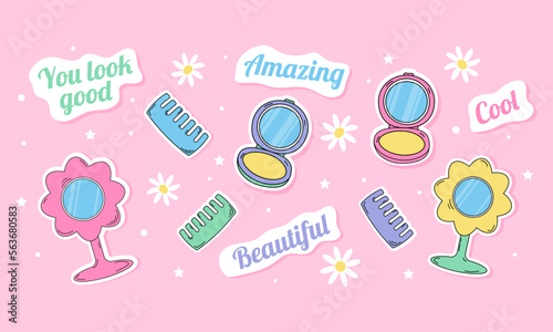 Mirror stickers and hair combs in style y2k