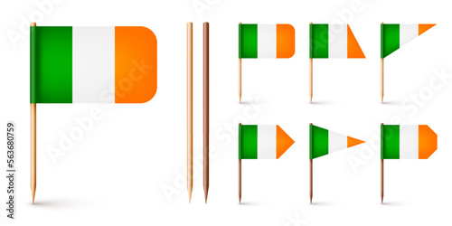 Realistic various Irish toothpick flags. Souvenir from Ireland. Wooden toothpicks with paper flag. Location mark, map pointer. Blank mockup for advertising and promotions. Vector illustration