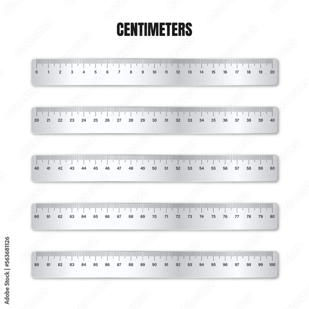 Realistic various shiny metal rulers with measurement scale and