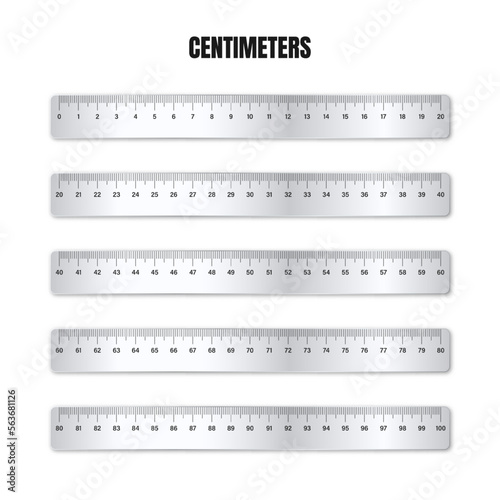 Realistic various shiny metal rulers with measurement scale and divisions, measure marks. School ruler, centimeter scale for length measuring. Office supplies. Vector illustration