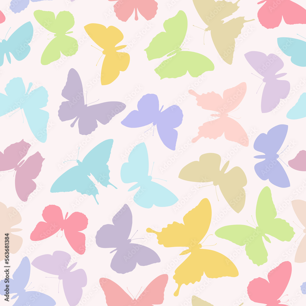 Butterfly seamless repeat pattern design background. Vector illustration. Random colorful butterfly and moth silhouettes, cute girly pastel pattern