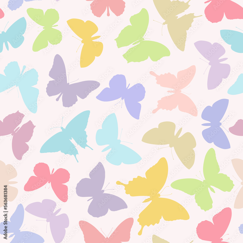 Butterfly seamless repeat pattern design background. Vector illustration. Random colorful butterfly and moth silhouettes, cute girly pastel pattern Butterfly seamless repeat pattern design background. Vector illustration. Random colorful butterfly and moth silhouettes, cute girly pastel pattern