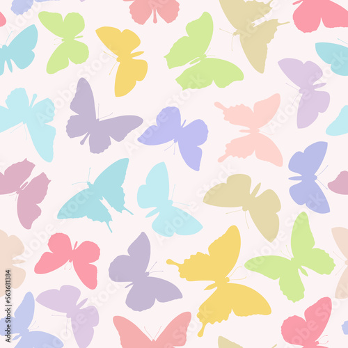 Butterfly seamless repeat pattern design background. Vector illustration. Random colorful butterfly and moth silhouettes, cute girly pastel pattern © Server