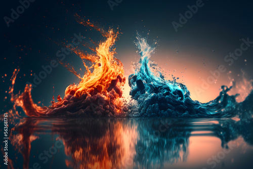 Fire and water background, the war of the elements. Fire vs water. Fire in the water. Generative AI