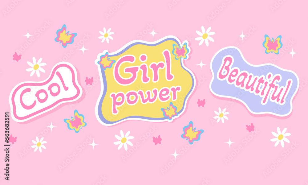 Stickers (The power of girls, Beautiful, Cool) with butterflies in style y2k