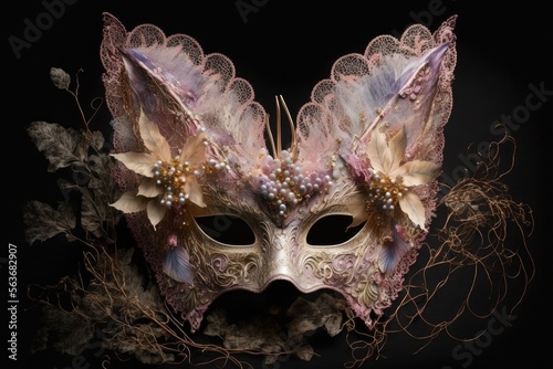 Kunstvolle, feminine Venzianische Maske in Schmetterlingsform aus zarter Spitze, Tüll und Perlen isoliert auf schwarzem Hintergrund für Karneval, Generative AI 