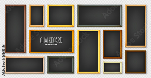 Realistic various chalkboards in a wooden frame. Black restaurant menu board. School blackboard, writing surface for text or drawing. Blank advertising or presentation boards. Vector illustration