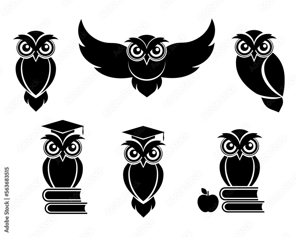 Set of owl icons. Logo of a bird on white background. Vector illustration.
