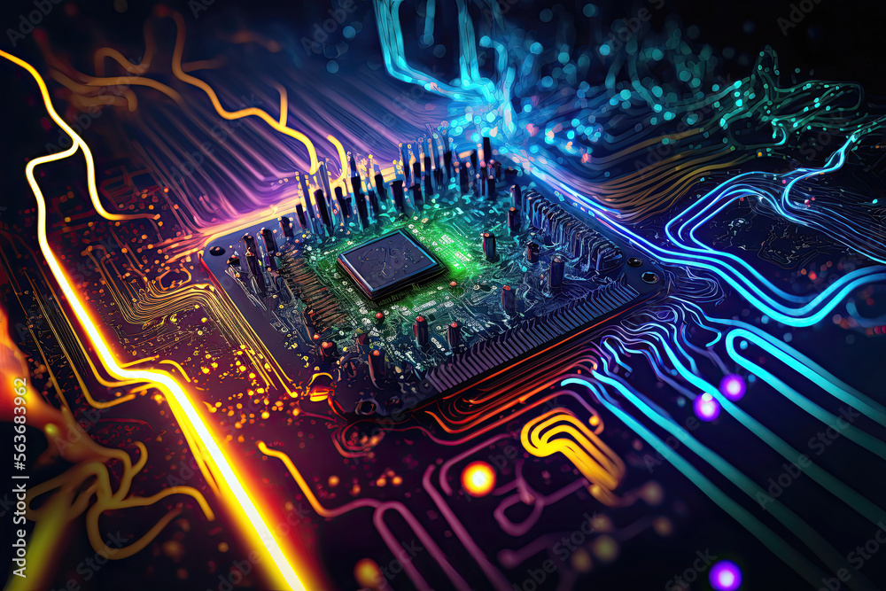 Futuristic Circuitry: Abstract Computer Motherboard and Processor with Cyberspace Lighting and Colorful Background. Generative AI Futuristic Circuitry: Abstract Computer Motherboard and Processor with Cyberspace Lighting and Colorful Background. Generative AI