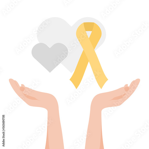 Gray hearts and yellow ribbon in hands. International Childhood Cancer day (ICCD), February 15, symbol of awareness expresses support for children and adolescents with cancer. Vector illustratio