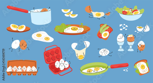 Eggs friends characters. Funny egg, breakfast menu cartoon food. Kawaii various yolk emotions. Healthy sandwich, easter, adorable lunch decent vector set