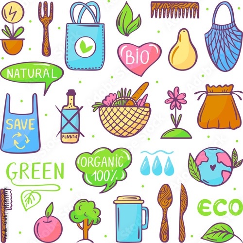 Zero waste doodle elements and reusable ecology bags. Wooden fork  food package and green life icons. Eco cup for coffee  natural energy neoteric vector set