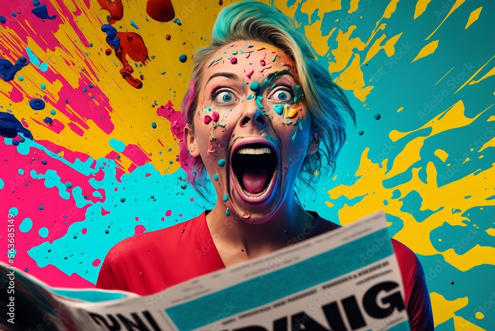 A pretty girl excited and shouting breaking news - colorful background - Generative AI