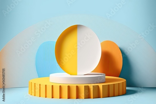 White & yellow Easter podium background. Perfect for product displays, presentations, and sales banners, this studio-quality scene features a sleek, modern platform and a customizable stand photo