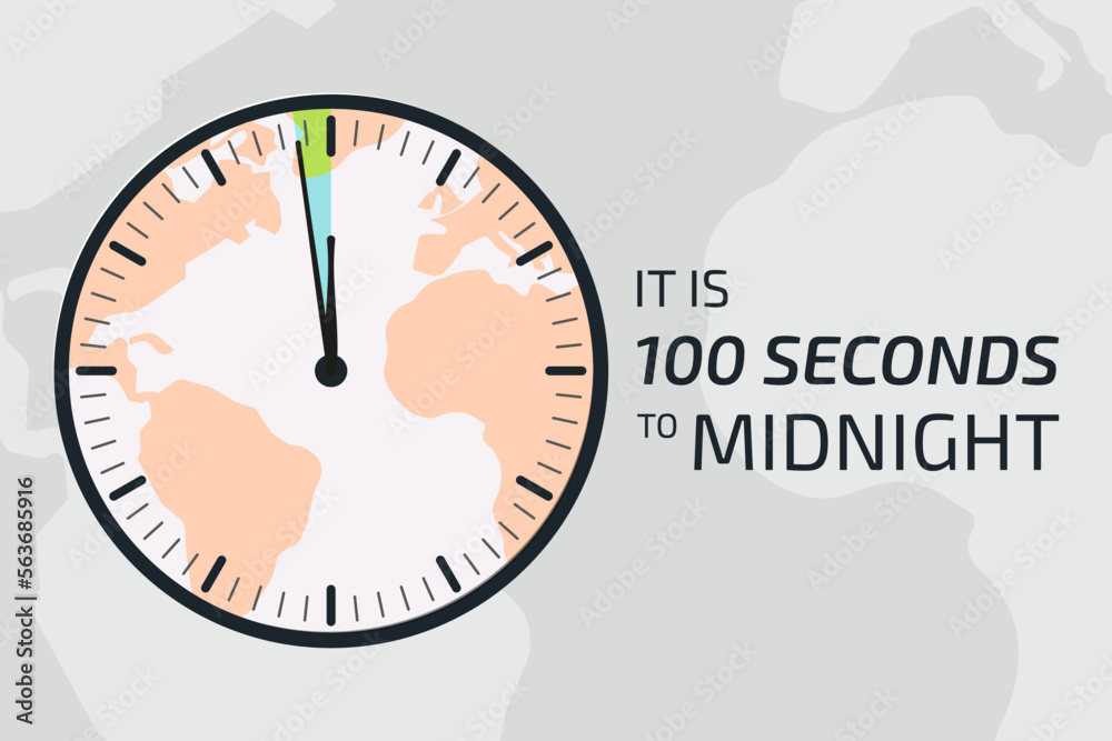 It is 100 seconds to midnight banner. Doomsday alarm poster. Doomsday