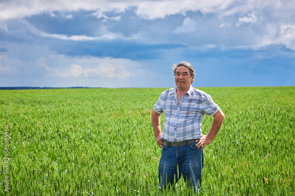 Portrait of a happy farmer kneeling down in a wheat field with a beautiful landscape in the background