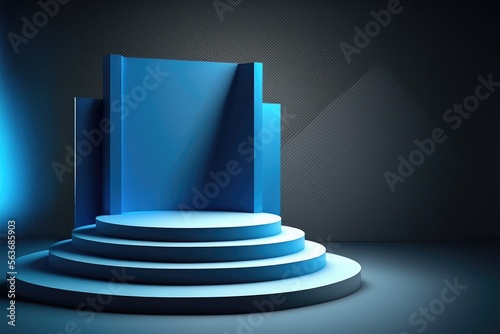 Blue 3D geometric podium background. Perfect for product displays  presentations  and sales banners  this studio-quality scene features a sleek  modern platform and a customizable stand