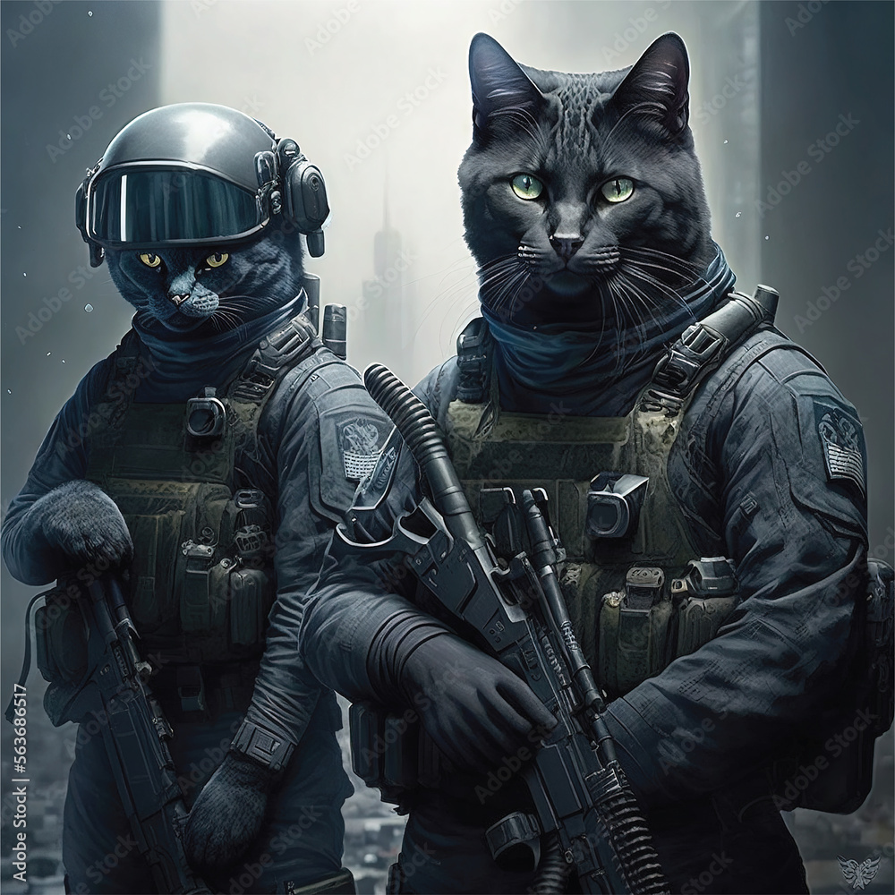 Black cat commandos or polish in the city with weapons. Photo