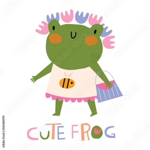 Cute frog in a dress and a handbag. Frog vector illustration for posters, prints. Hand lettering